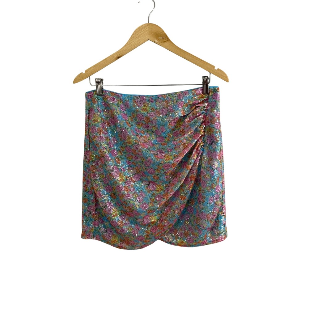 LPA Revolve Sequin Floral Ruched Mini Skirt Size L Blue Pink Watercolor Sparkle